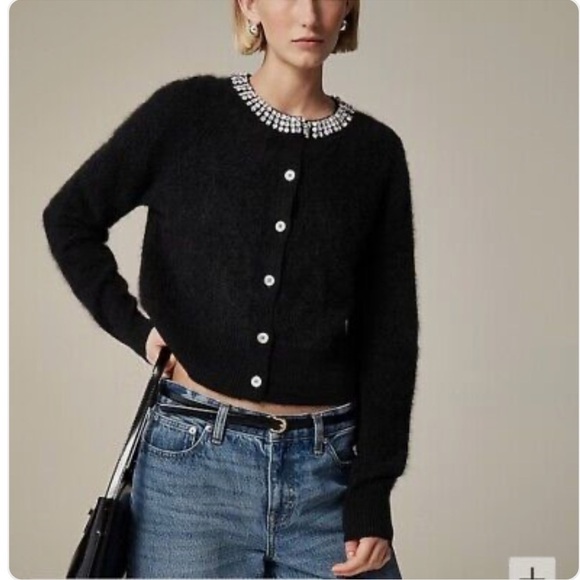 J crew Brushed Black cashmere Crystal embellished cardigan sweater XXS NWT - Picture 1 of 13